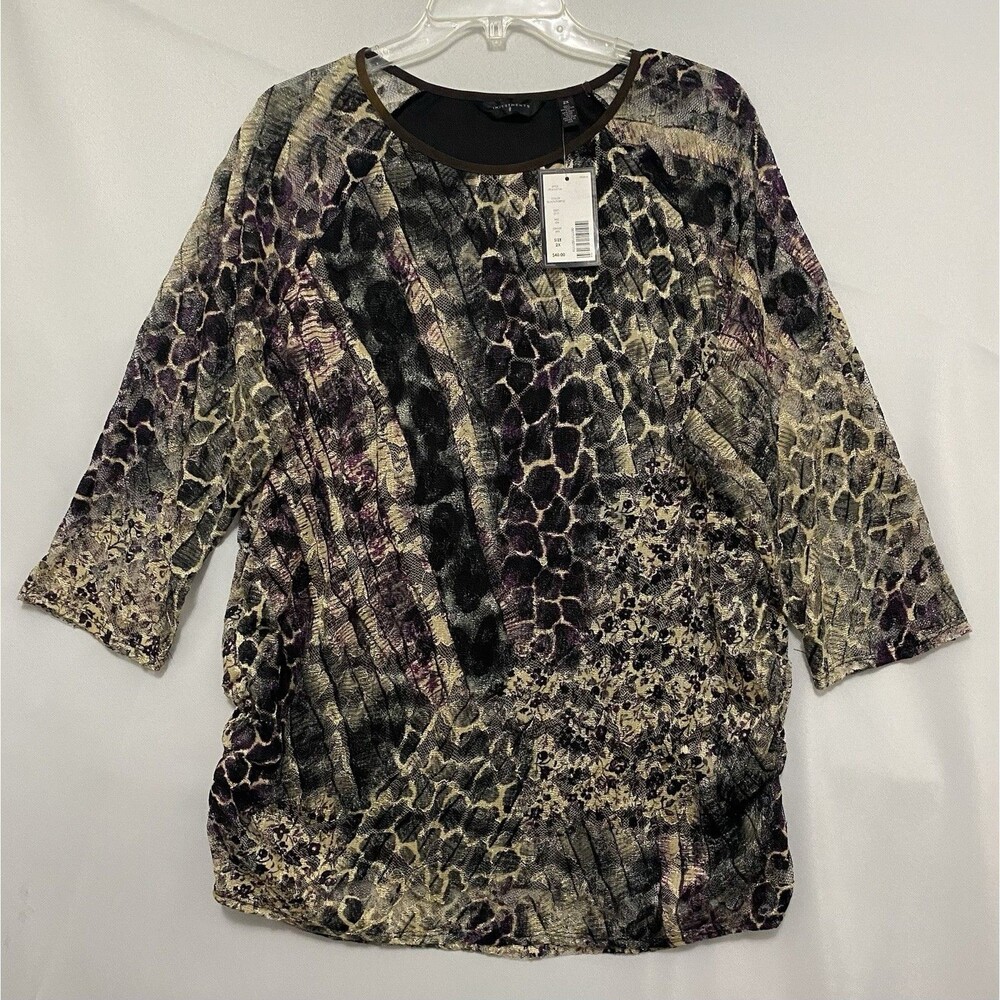 Investments Womens 2X Top NWT Black Purple Burnout Mesh Floral Animal Print